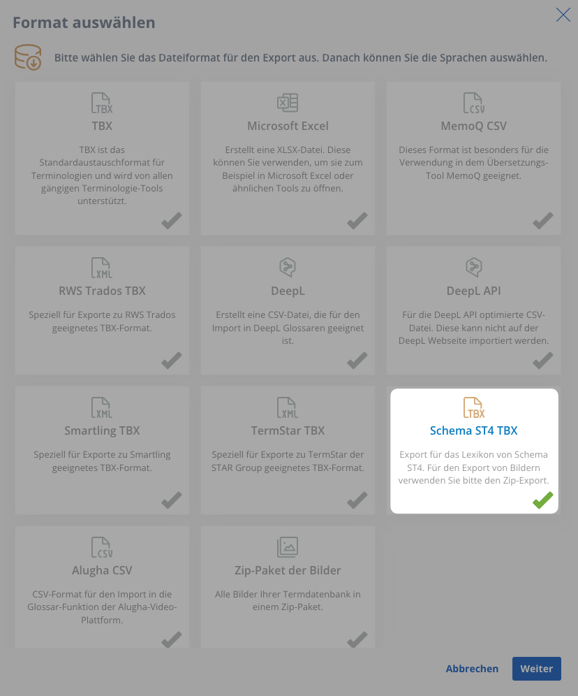 Screenshot der Auswahl von Exportformaten in Lexeri